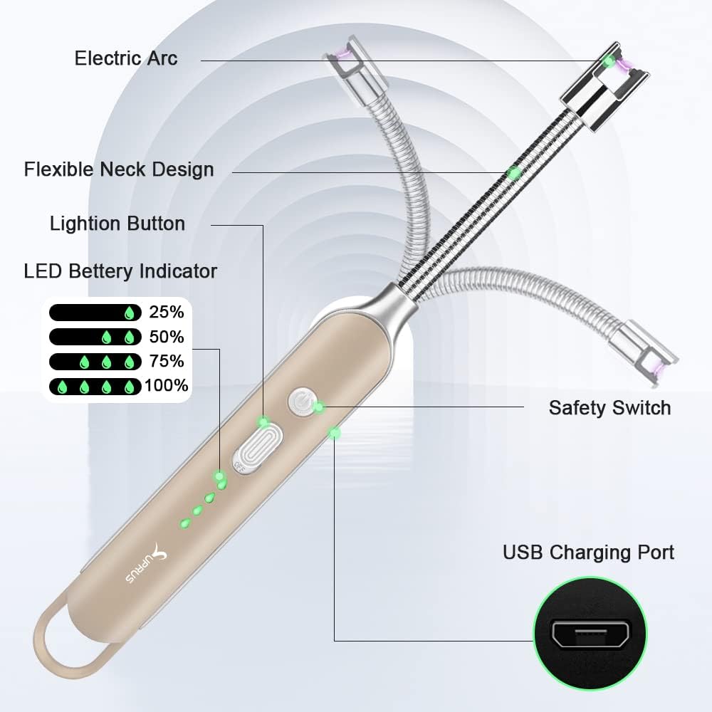 SUPRUS Electric Rechargeable Arc Lighter with LED Battery Display Long Flexible Neck USB Lighter for Candle Cooking (Champagne)