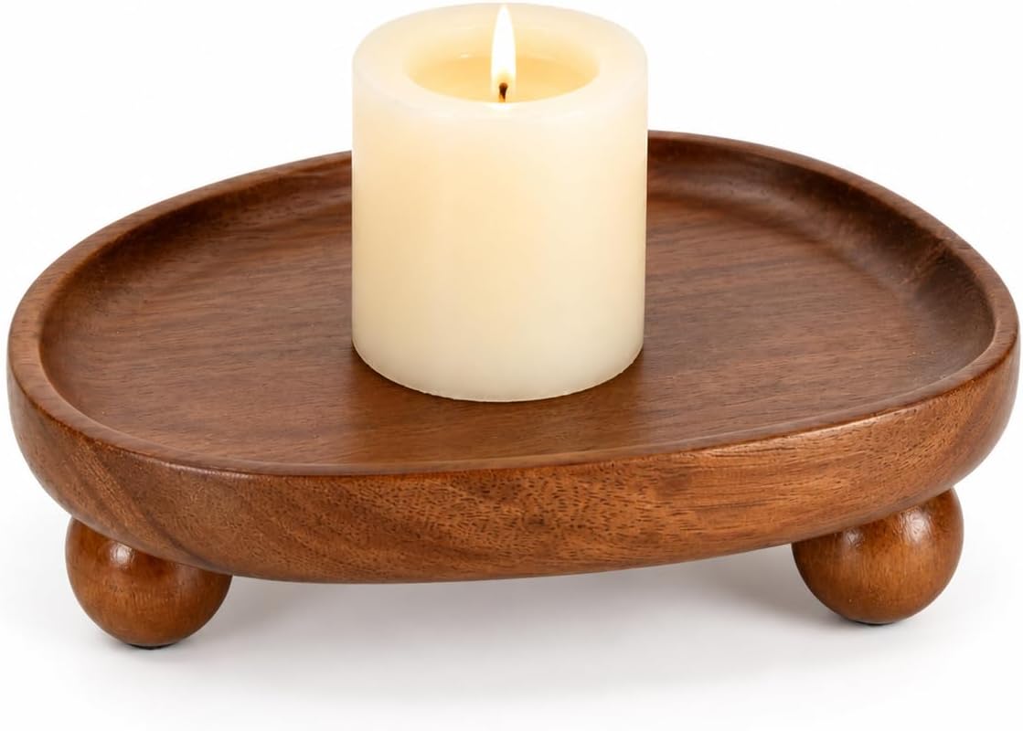 Candle Tray, Wooden Candle Holder with Ball Feet, Decorative Candle Plate Candlestick Holder, Rustic Soap Dish Jewelry Tray for Bathroom, Vanity, Coffee Table, Party, Wedding and Home Decor
