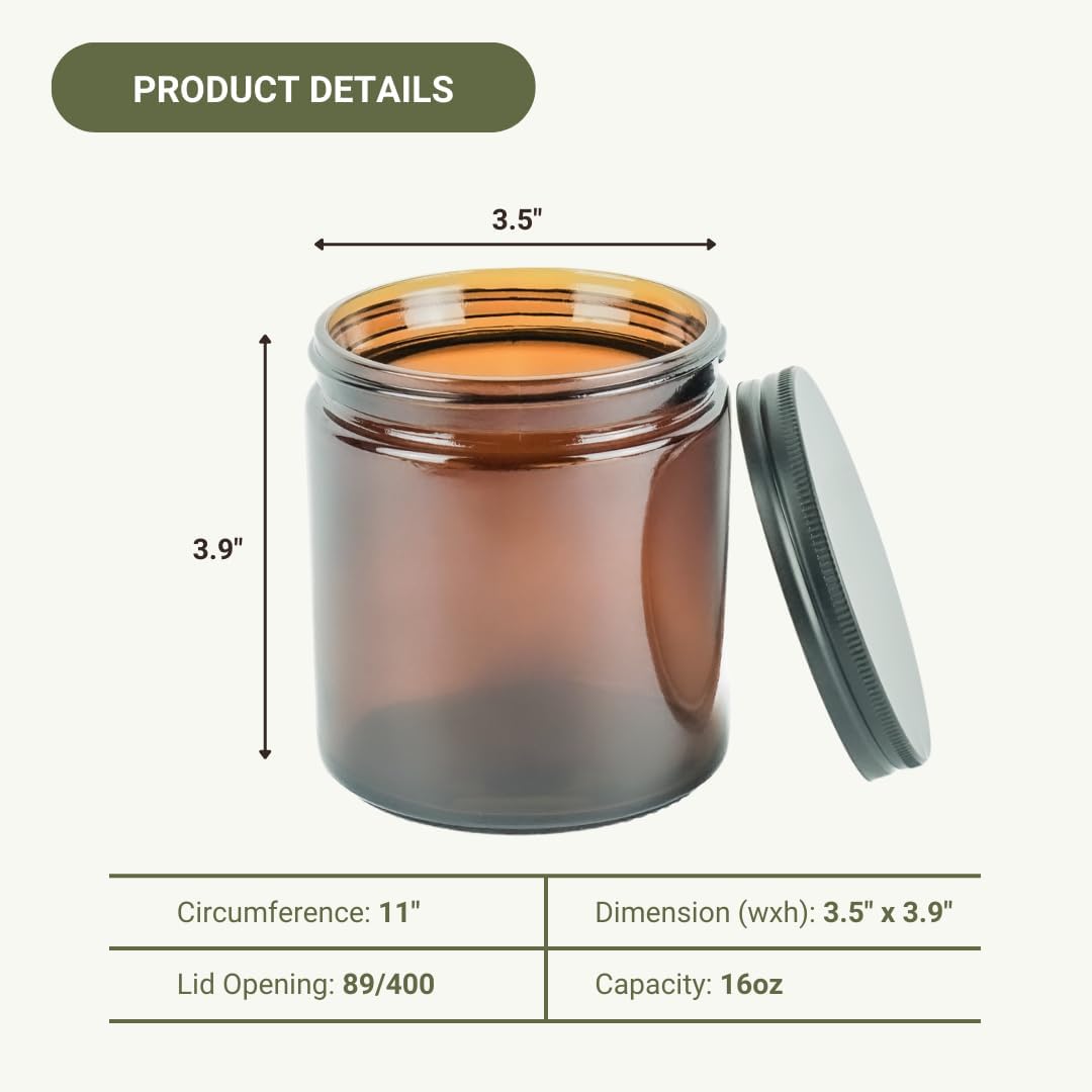 Glass Amber 16oz Jar - 12 Packs, Lead-Free Empty Round Jars For Beauty Products, Lotion, and Powders - Black Lid - Small Candle Jars
