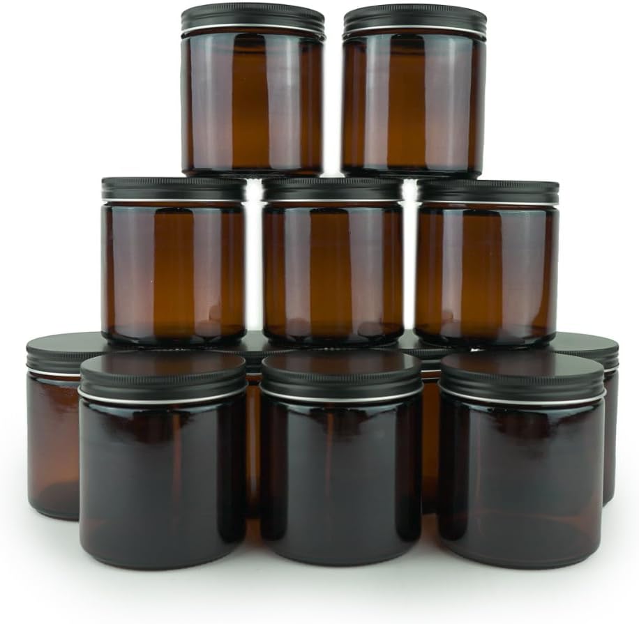 Glass Amber 16oz Jar - 12 Packs, Lead-Free Empty Round Jars For Beauty Products, Lotion, and Powders - Black Lid - Small Candle Jars