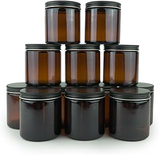 Glass Amber 16oz Jar - 12 Packs, Lead-Free Empty Round Jars For Beauty Products, Lotion, and Powders - Black Lid - Small Candle Jars