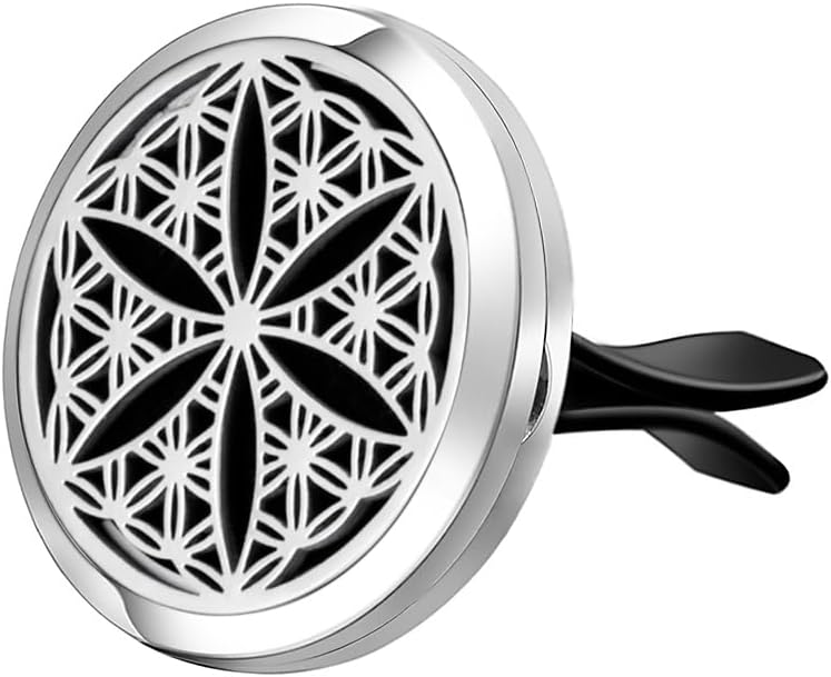 Wild Essentials Flower of Life Essential Oil Car Vent Diffuser, Stainless Steel Locket Pendant With 12 Color Refill Pads, Customizable Color Changing Air Freshener for Aromatherapy