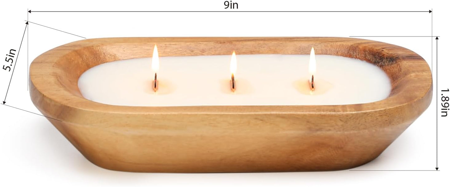 Wooden Bowl Candle 10 Inch, Soy Large Farmhouse Candle for Table, Vanilla Spice Scented, 3 Wood Wicks, Christmas Candle Gifts for Men & Women