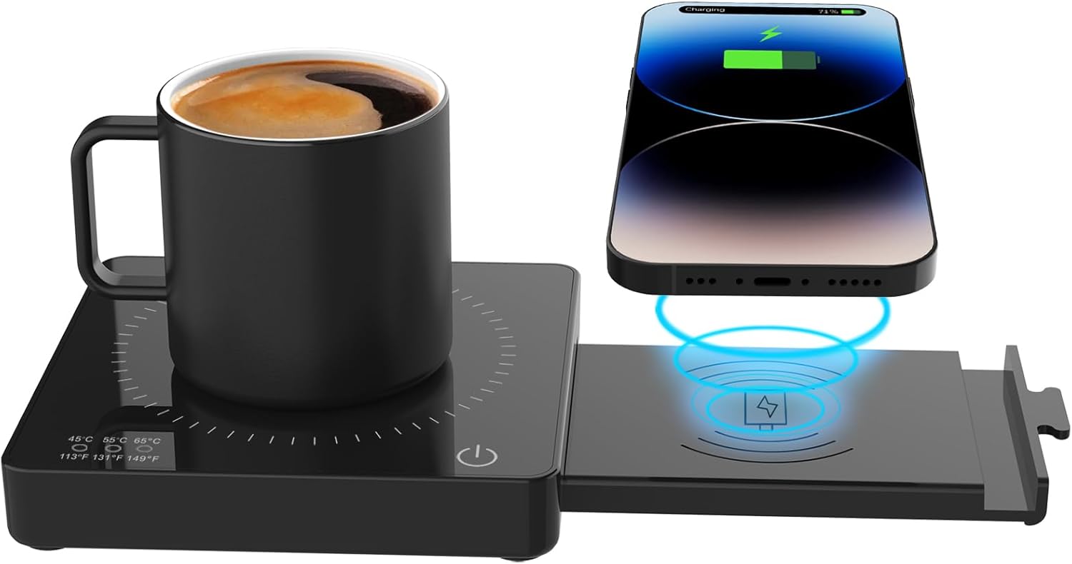 Coffee Mug Warmer with 15W Wireless Phone Charger & 3A USB Charging Port, 3 Temp Settings & 8H Auto Shut Off, Candle Warmer Plate for Heating Coffee, Milk, Tea & Candles,Valentine's Day Gift(Black)