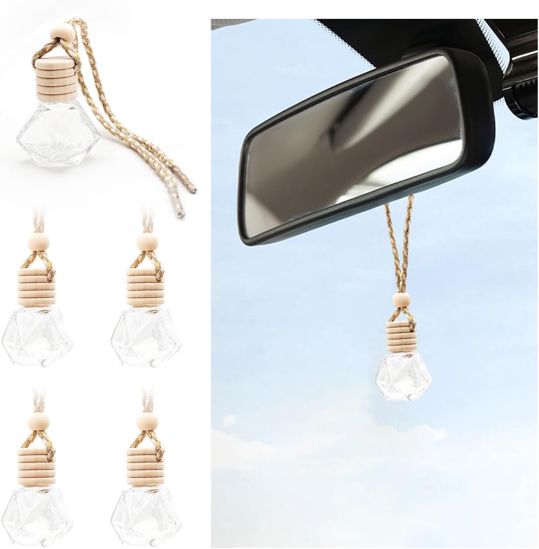 5 PCS Hanging Car Air Freshener, 8ml Empty Clear Glass Perfume Bottle Freshener Diffuser, Essential Oil Fragrance Aromatherapy Bottle Ornament for Car, Interior Car Accessories (Rhombic)