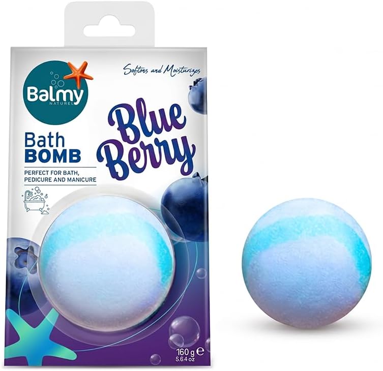 BALMY Blueberry Bath Bomb – Moisturizing Fizzy with Vitamin E & Glycerin, Fruity Scented, 5.6 oz