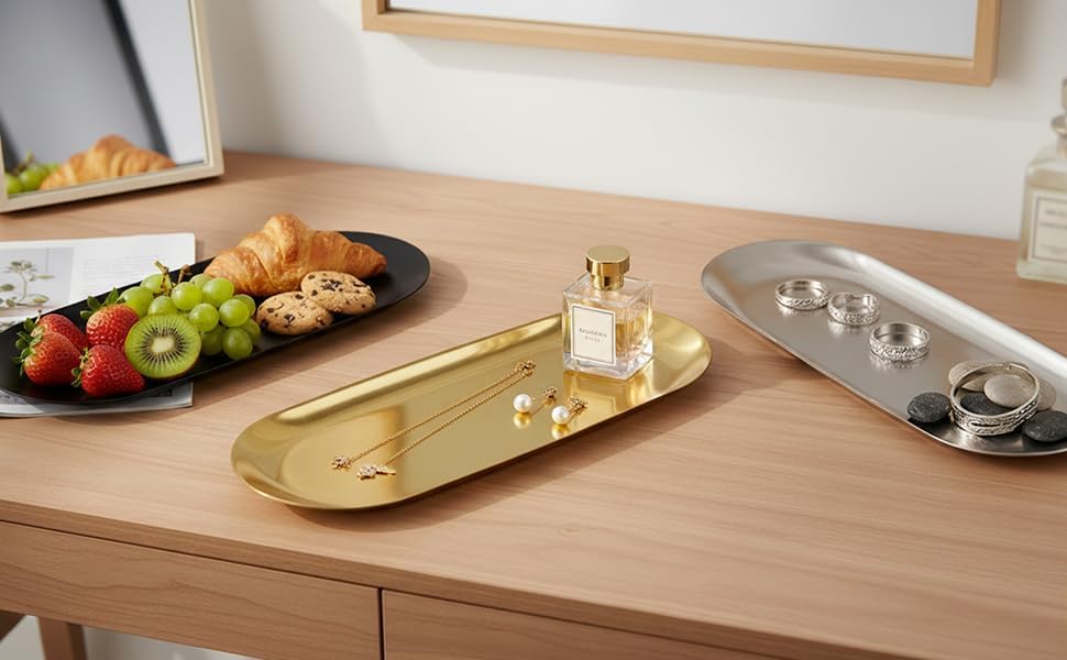 KUMGROT Candle Tray Stainless Steel Jewelry Tray Perfume Rings Keys Pillar Spherical Candles Oval Decorative Candle Holder for Bathroom Kitchen Dresser Gold 9 Inch