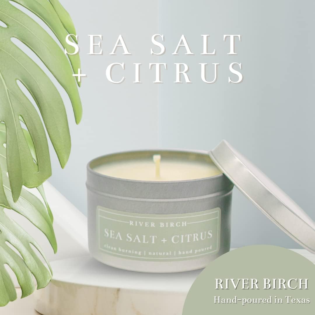 River Birch Candles Sea Salt + Citrus Scented Candle | Premium, All-Natural, Non-Toxic, Soy Candles | 8 oz. Silver Tin Travel Candle | Cozy Relaxing Gifts for Home