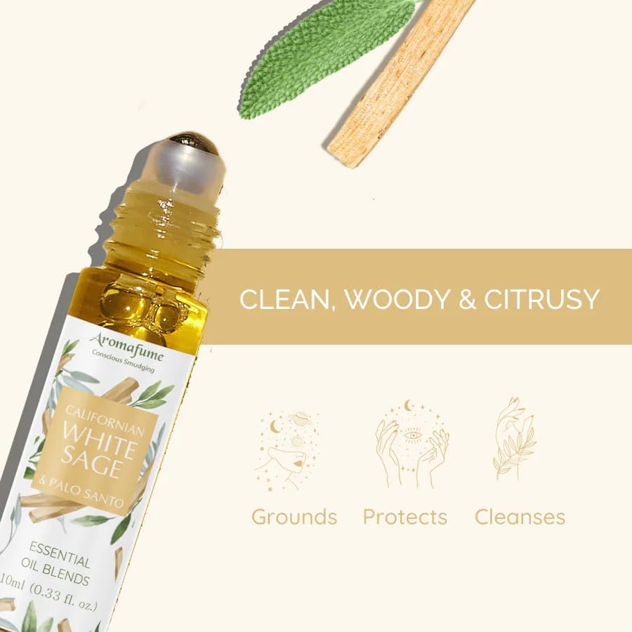 White Sage & Palo Santo Essential Oil Roll-On Blend by Aromafume | 10ml/0.33 fl oz | Aromatherapy Oil for Cleansing Negative Energy & Protection | Ethically sourced | Sage Oil for Smokeless Smudging