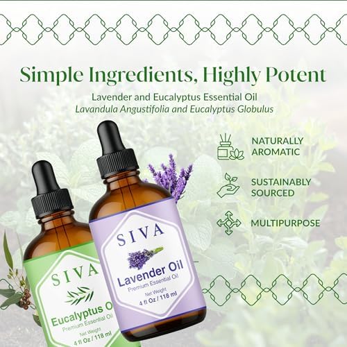 Siva Lavender & Eucalyptus Essential Oil 4oz Bundle Super Saver Combo – Premium Grade Bundle Set for Aromatherapy, Hair Care, Scalp Massage, Skin Care, Candles, Soaps and Diffuser