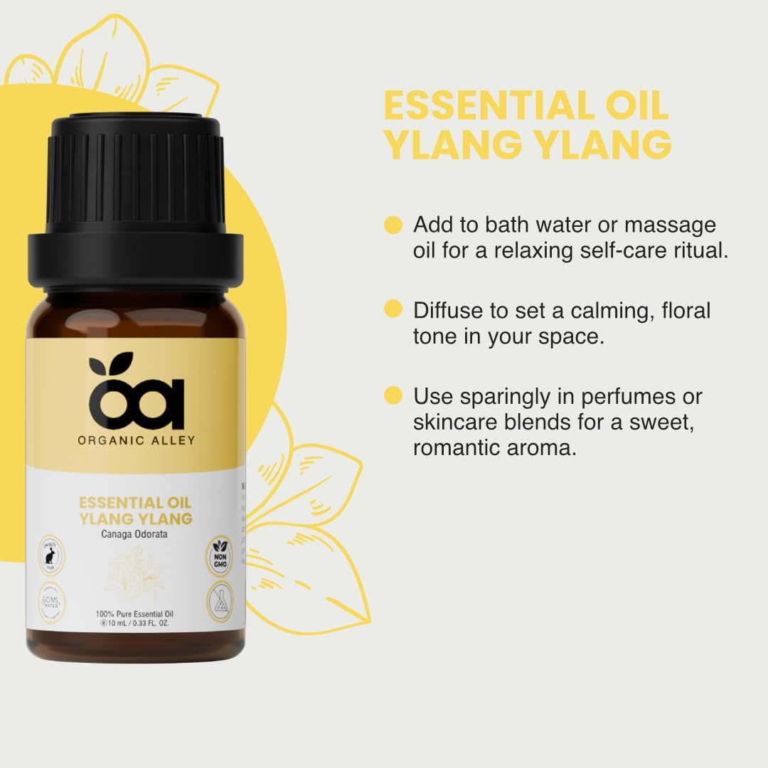 Ylang Ylang Essential Oil by Organic Alley | Pure, Undiluted, Therapeutic Grade – Romantic Floral Scent for Diffuser, Stress Relief, Hair & Skin Care – Cananga Odorata – 0.33 Fl Oz