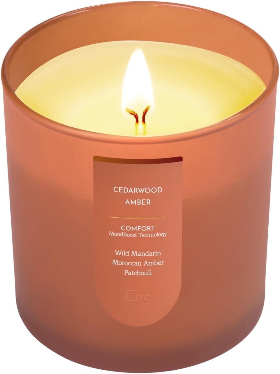 CUE Scented Candle |MoodBoost Essential Oils |OpenWick Clean Burning Candle | Soy Coconut Wax Blend | Candle for Home | Gift |Extended Burn Time (8.5oz, Cedarwood Amber)