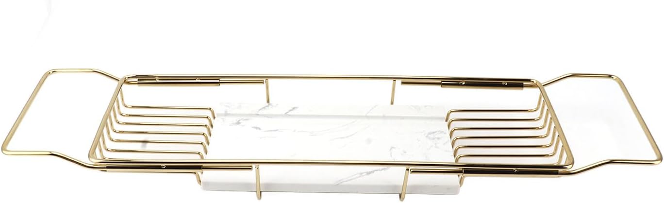 Marhynchus Metal Marble Bathtub Rack, Bathtub Caddy Tray Stainless Steel Shower Caddy Tray with Extending Sides, Bathroom Trays (Gold White)