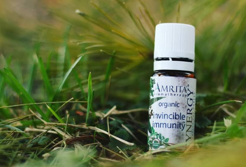 AMRITA Aromatherapy: Invincible Immunity Synergy Blend - Organic Essential Oil Blend of Bay Laurel, Thyme Borneol, Thyme Linalol, Red Thyme, Eucalyptus Radiata, Tea Tree, & Oregano Size: 10ML