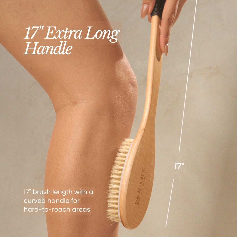 Bare Botanics 17" Dry Brushing Body Brush - Medium Firmness, Natural Color & Silicone Grip - Extra Long Bath Brush - Ergonomic Curved Handle Design w/Hang Rope - Back Scrubber for Shower