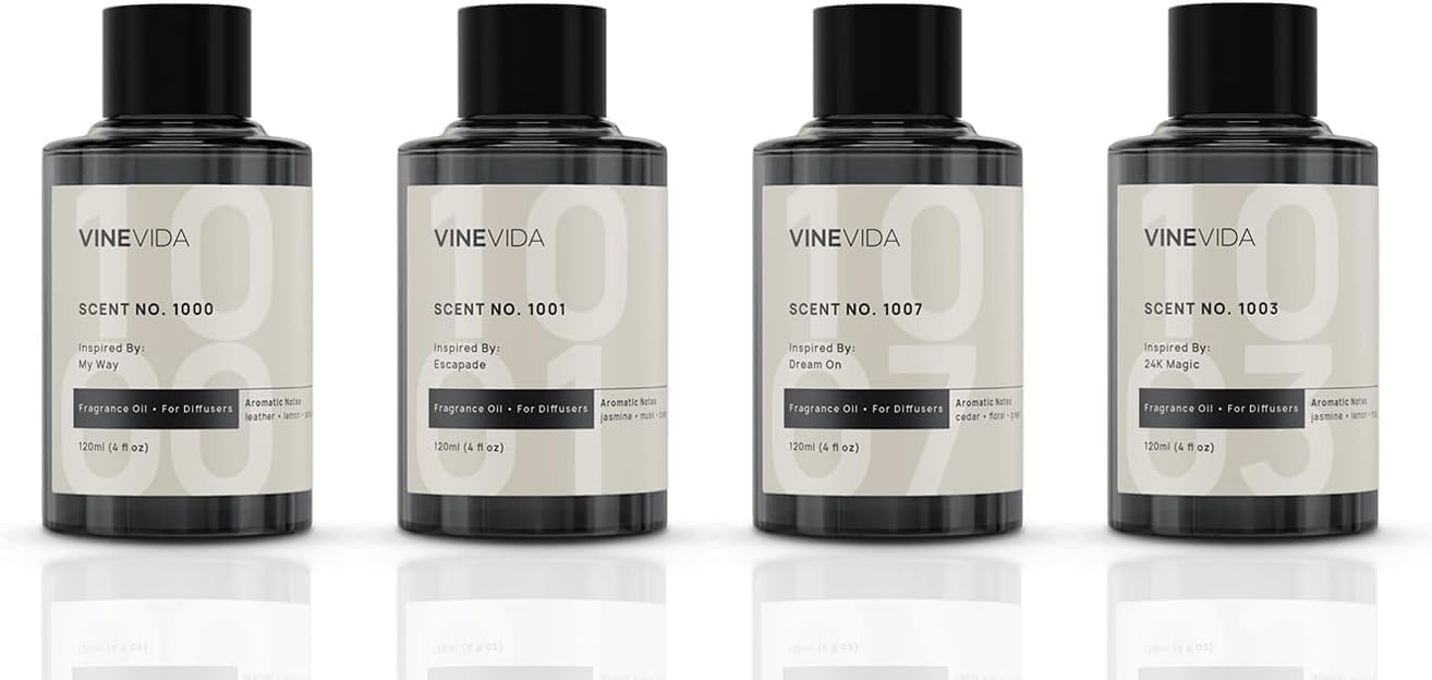 VINEVIDA (Pack of 4) Hotel Fragrance Collection Diffuser Oil - Hotel Scents Diffusers for Home - Cold Air Diffuser Oil - Hotel Scent Essential Oil, Diffuser Scents No. 1000, No.1001, No.1007, No.1003
