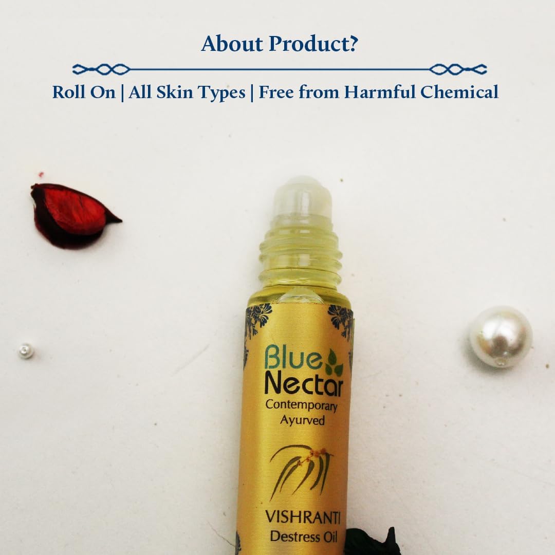 Blue Nectar Vishranti Destress Roll on and Meditation Oil with Cinnamon, Clove, Ginger, Mint Essential Oils (9 Herbs, 0.3 Fl oz)
