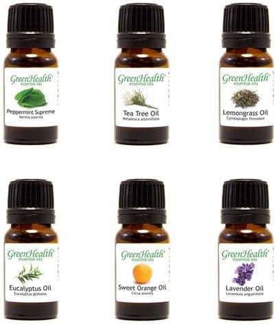 GreenHealth Top 6 Essential Oil Gift Set – 100% Pure Therapeutic Grade – Lavender, Tea Tree, Eucalyptus, Lemongrass, Sweet Orange, Peppermint – Aromatherapy & Diffuser Oils 6x10ml