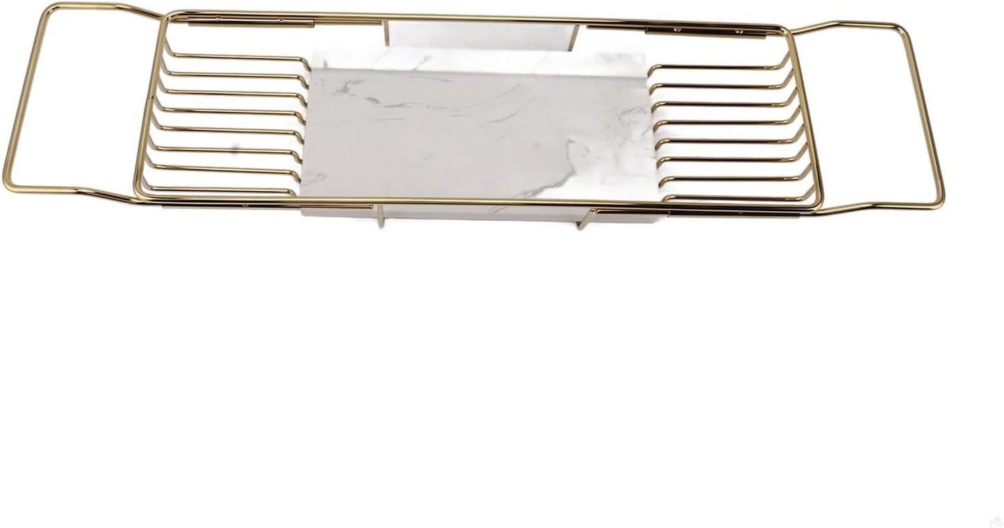 Marhynchus Metal Marble Bathtub Rack, Bathtub Caddy Tray Stainless Steel Shower Caddy Tray with Extending Sides, Bathroom Trays (Gold White)