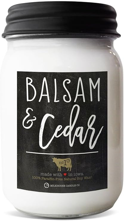 Milkhouse Candle Company Balsam & Cedar Soy Candle - Fresh Balsam | Soft Cedar | Red Apple -13 oz Mason Jar with Lid, 65+ Hour Burn Time, Made in the USA