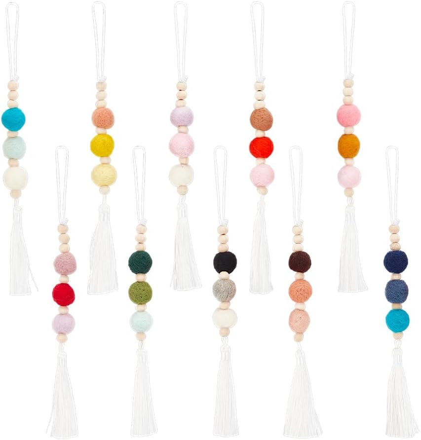 10Pcs Felt Ball Car Diffuser Aromatherapy Essential Oil Car Vent Clip Diffuser Felt Wooden Bead Bohemian Tassels Car Hanging Ornament Clip for Car Air Freshener Vent Diffuser Car Decor Charm