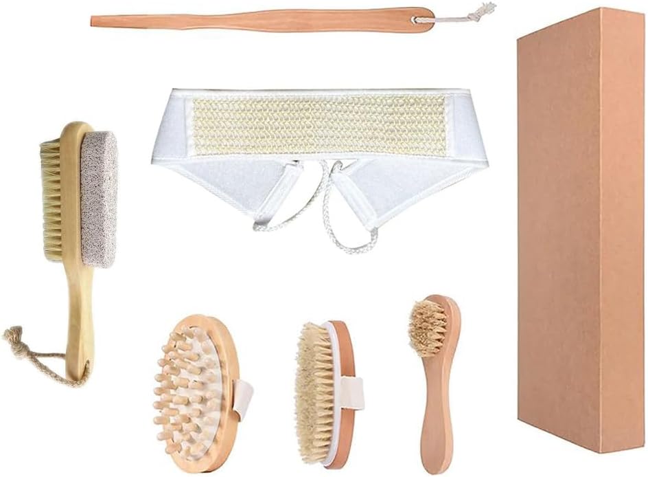 Dry Brushing Body Brush Set, Natural Boar Bristle Dry Brush, Bamboo Exfoliating Body, Face, Foot, Long Handle Back Scrubber Brush for A Glowing Skin, 5 Pack