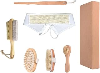 Dry Brushing Body Brush Set, Natural Boar Bristle Dry Brush, Bamboo Exfoliating Body, Face, Foot, Long Handle Back Scrubber Brush for A Glowing Skin, 5 Pack