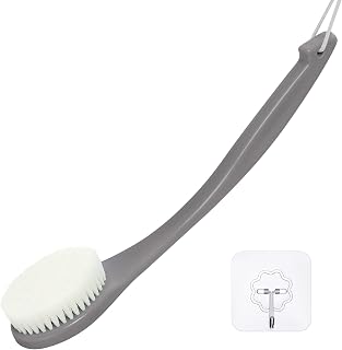 VANZAVANZU Exfoliating Shower Brush Back Scrubbers for Use in Shower, Plastic Bath Brush Long Handle for Shower with Moderate Bristles, Dry or Wet Back Brush for Shower Men Women-Grey