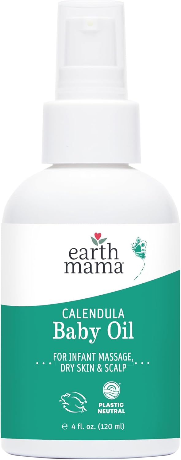 Earth Mama Calendula Baby Oil - Body and Massage Oil for Newborns and Infants - 4 fl oz - Fragrance-Free - Dry Skin & Scalp Moisturizer