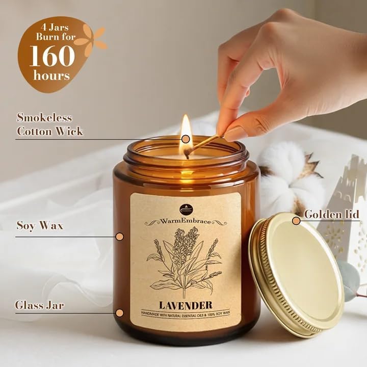 WarmEmbrace Lavender Candles, 4-Pack Scented Candle Set for Women, 7.6 oz Natural Organic Soy Wax in Glass Jar, 160 Hours Long-Lasting Burn, Perfect for Mother's Day, Birthday Gifting (4 Fragrance)