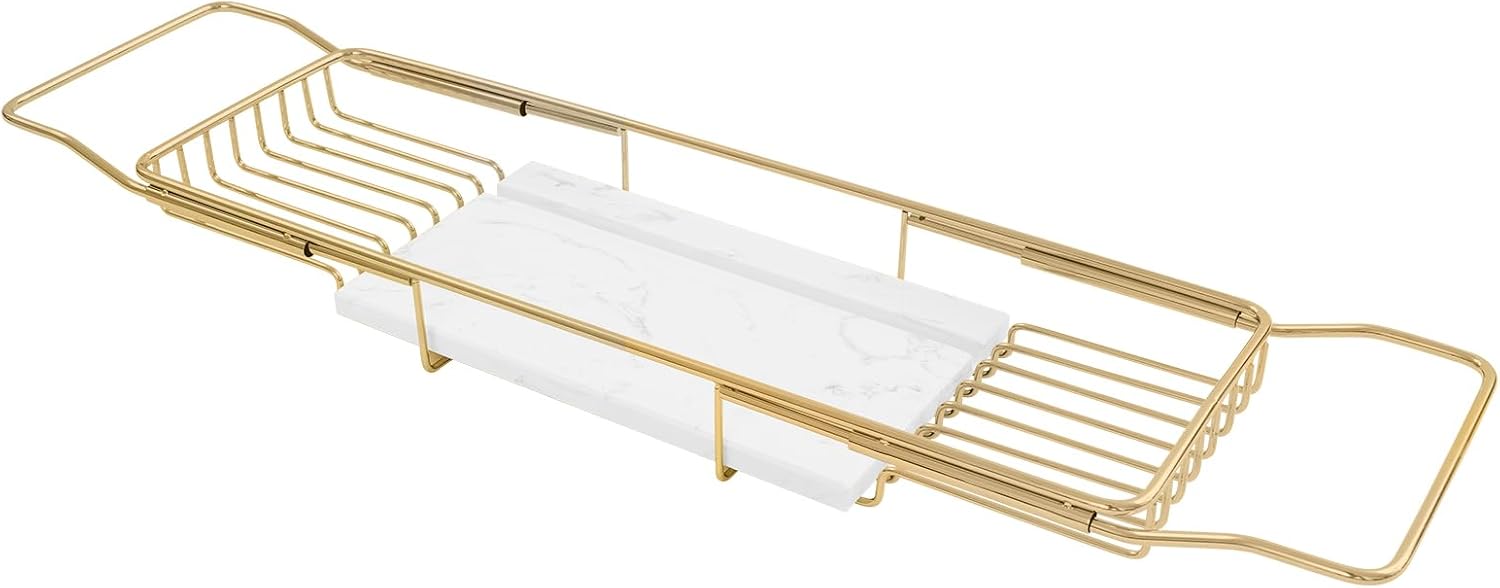 Bath Tray for Tub, Metal Bathtub Marble Tray Stainless Steel Bathtub Caddy Trays for Luxury Bath, 26.8-35.4in Adjustable Bathroom Tub Trays W/Marble Board Groove