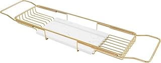 Expandable Bathtub Tray Caddy for Luxury Bath, Extra Wide Acrylic Tub Tray with Natural Marble Board, Waterproof Bath Tub Shelf for Phone, Wine, Book, Tablet Stand - Ideal Home Spa (Gold, White)