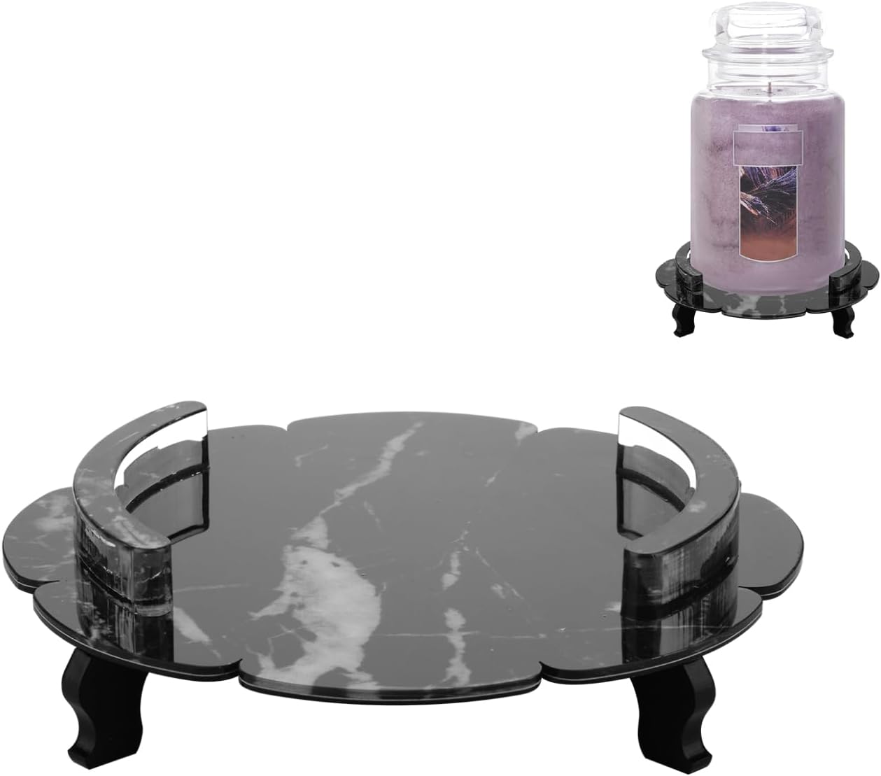 Beautyflier Scented Holder Tray, Pedestal Stand for Yankee Classic 22oz Large Jar Single Wick Candle, Decorative Marble Pattern Acrylic Plate, Holder ONLY (Black)