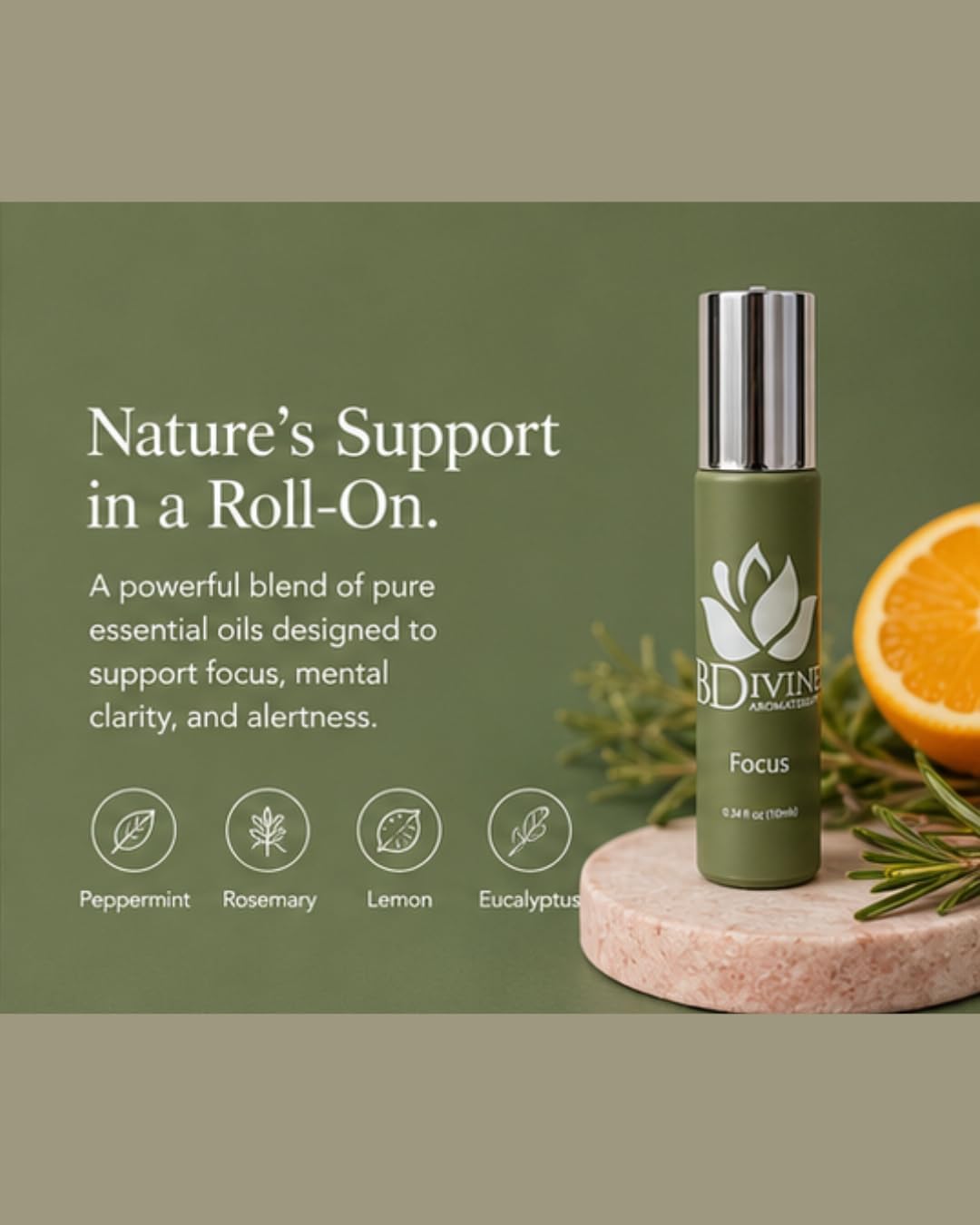 Focus Essential Oil Roll-On - Therapeutic, Aromatic Blend for Concentration and Clarity (10ml)