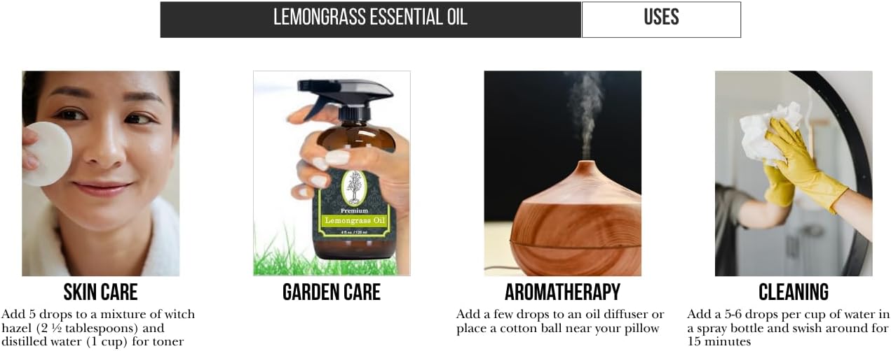Lemongrass Essential Oil 4 Fl Oz with Dropper and Sprayer - 100% Pure and Natural - Hair Care, Home Diffusers, Skin Care, Aromatherapy, Massage and Humidifiers, and Garden Care