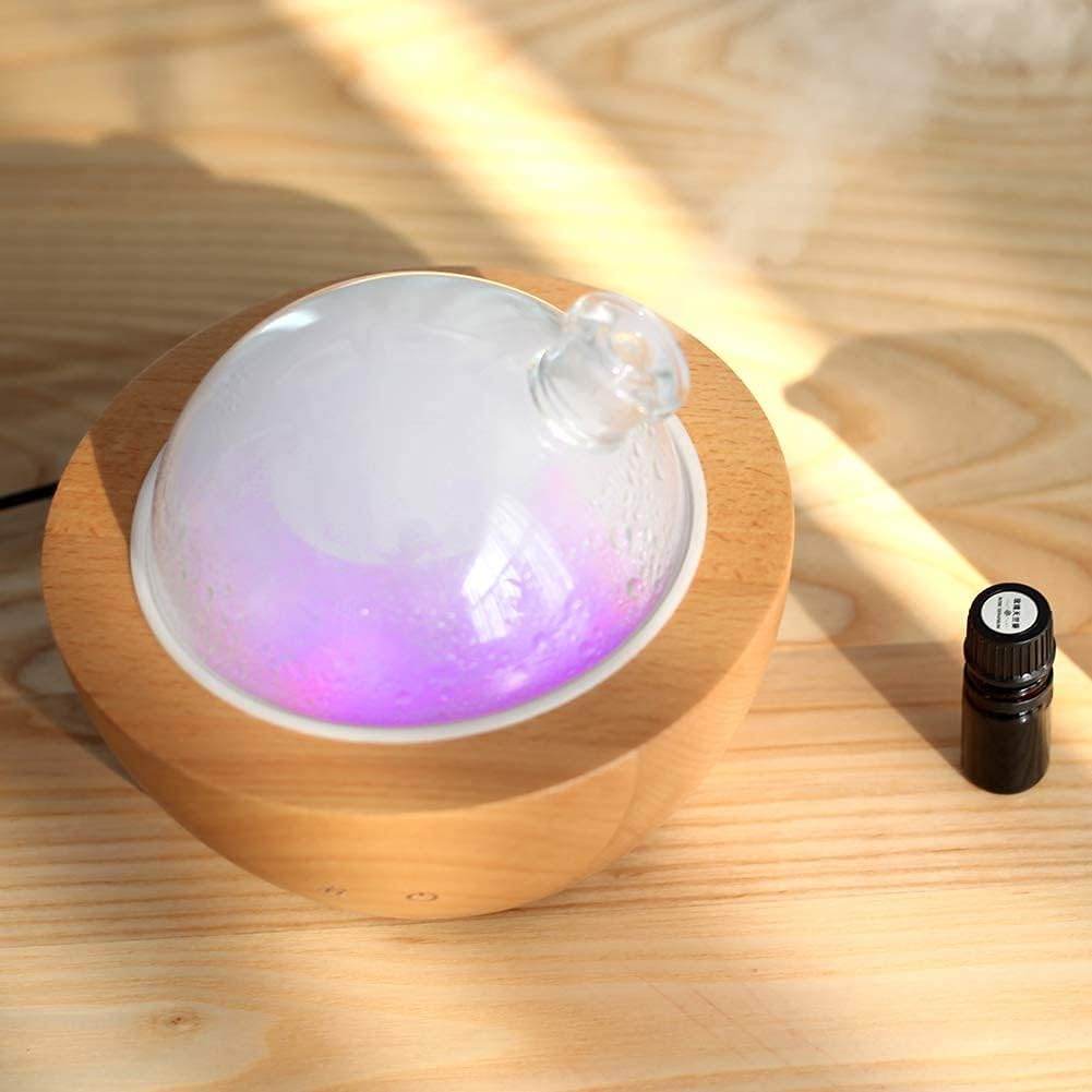 Glass Aromatherapy Essential Oil Diffuser, 200ml Natural Wood Base, Desktop Ultrasonic Aroma Diffuse Essential Oil Humidifier,LED Light Available in 7 Colors, Suitable for Home Office Bedroom