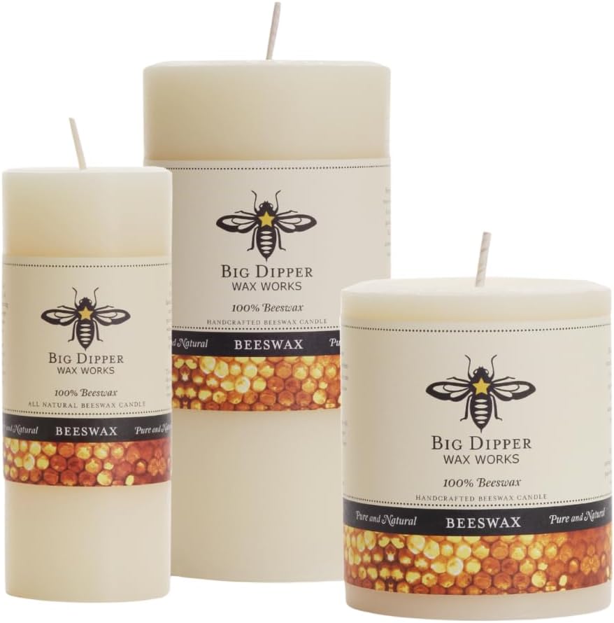 Big Dipper Wax Works Large Ivory Beeswax Pillar Candle 3" x 6" – 90-Hour Burn, Non-Toxic, Dripless, Handcrafted in USA, Clean Burning with Natural Honey Scent