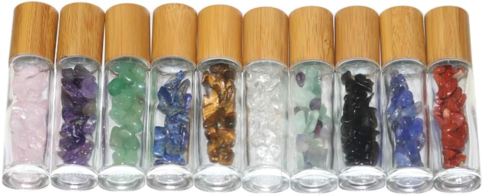 Wresty 10ml Roll On Bottle With Gemstone Rollerball&Crystal Chips Inside,10 Packs Glass Roller Bottles Essential Oil Sample Bottles(Bamboo Lids)