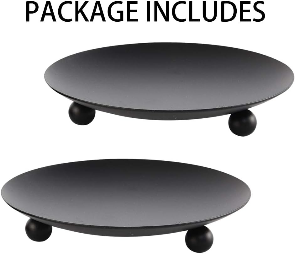 Black Iron Plate Candle Holder, Decorative Iron Pillar Candle Plate, Set of 2, 4.37 inches D x 0.78 inches H, Pedestal Candle Stand for LED & Wax Candles, Incense Cones, Spa, Weddings (2 pcs)