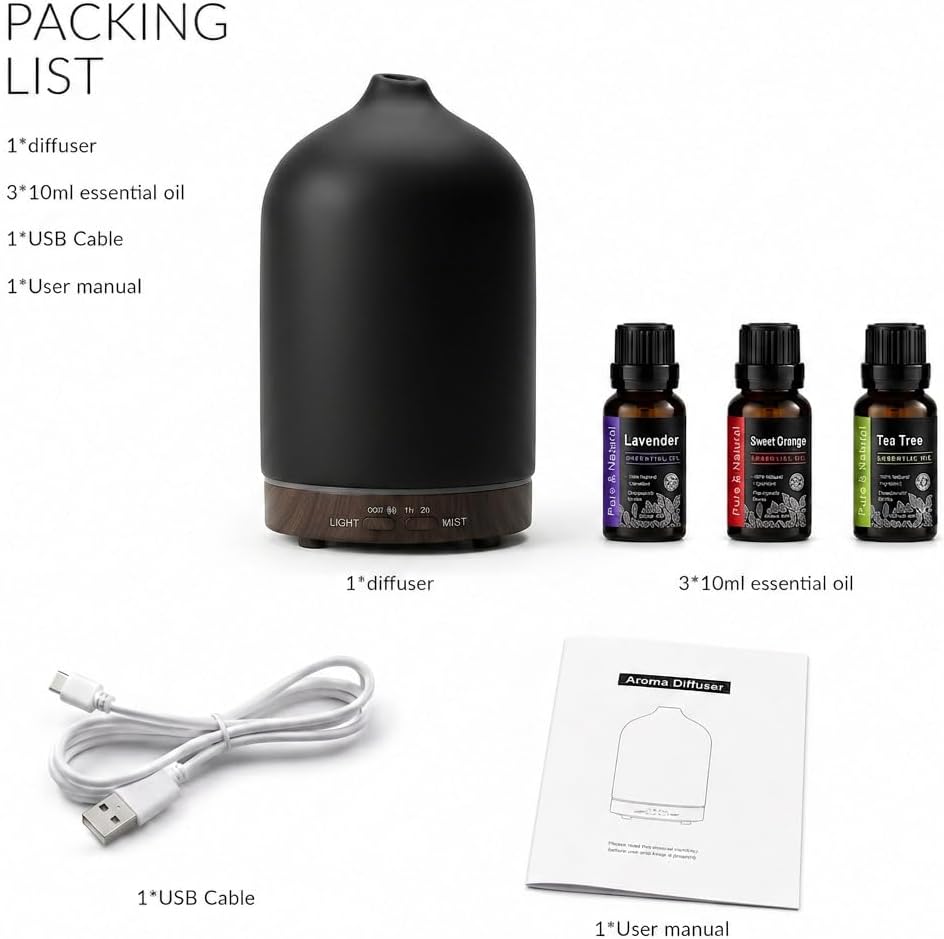 200ml Ceramic Essential Oil Diffuser with 3 Essential Oil Set, Porcelain Ultrasonic Cool Mist with7-Color LED Lights,Timer, Auto-Off Quiet Diffuser for Home Office Desk, Bedroom, Spa, Yoga Room