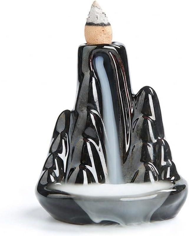 Handmade Ceramic Backflow Incense Holder - Waterfall Incense Burner Ornament, Mountain Design Aromatherapy Fountain for Home Decor, Yoga, Meditation & Office, Unique Zen Gifts (Black)