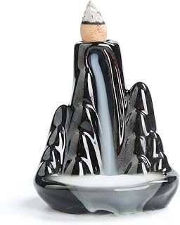 Handmade Ceramic Backflow Incense Holder - Waterfall Incense Burner Ornament, Mountain Design Aromatherapy Fountain for Home Decor, Yoga, Meditation & Office, Unique Zen Gifts (Black)