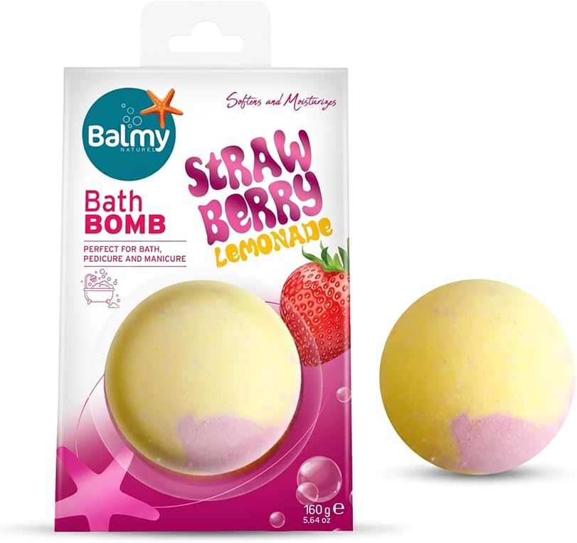 Balmy Strawberry Lemonade Bath Bomb – Hydrating Fizzy with Vitamin E & Glycerin, Sweet Citrus Scented 5.6 oz