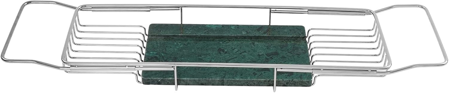 Expandable Bathtub Tray Caddy, Stainless Steel Bath Table Tray Adjustable & Rustproof Bath Caddy Bath Organizer Tub Shelf with Marble Board for Spa, Relaxation, Bath Bombs (Silver + Green)