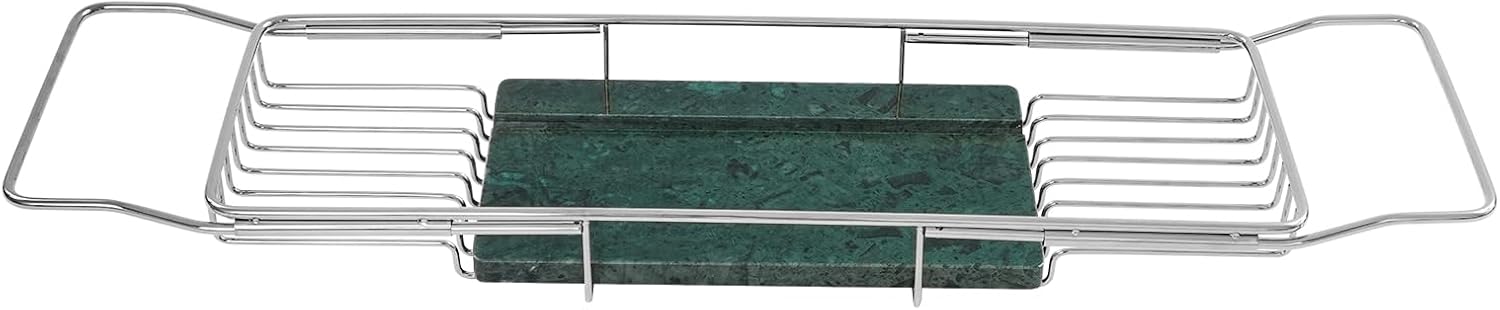 Expandable Bathtub Tray Caddy, Stainless Steel Bath Table Tray Adjustable & Rustproof Bath Caddy Bath Organizer Tub Shelf with Marble Board for Spa, Relaxation, Bath Bombs (Silver + Green)