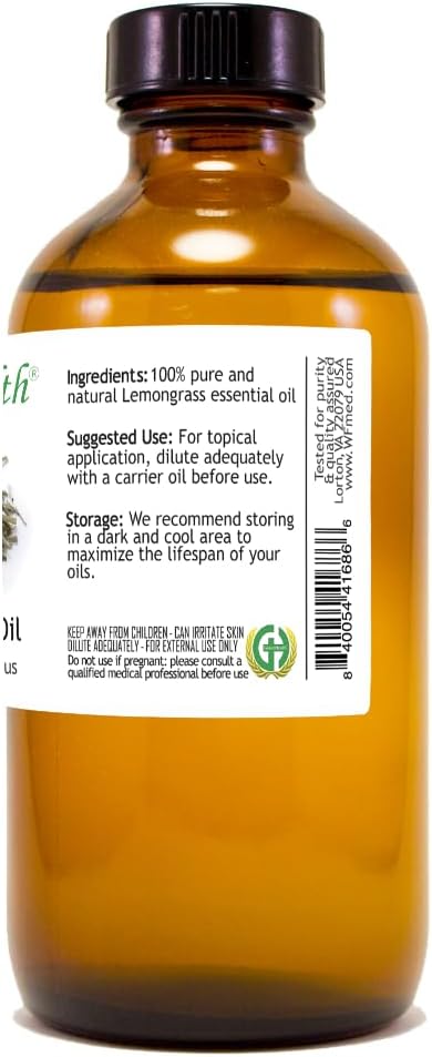 GreenHealth Lemongrass - 8 fl oz (237 ml) Glass Bottle with Cap - 100% Pure Essential Oil