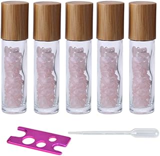 5 Pack 10ml Clear Roll On Bottles With Natural Chakra Crystal Chips for Essential Oils,Perfume Glass Roller Bottles Container Bamboo Lid,Crystal Roller,Pipette&Opener Included (Rose Quartz)