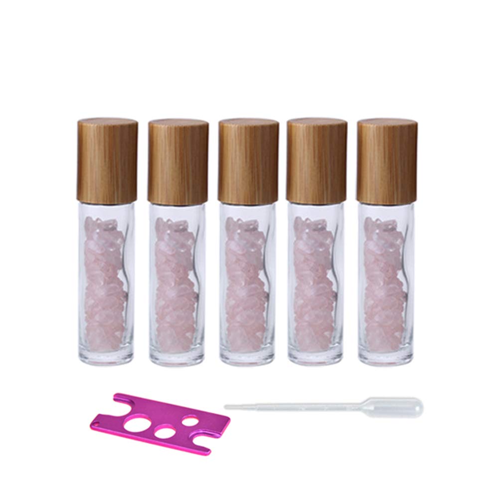 5 Pack 10ml Clear Roll On Bottles With Natural Chakra Crystal Chips for Essential Oils,Perfume Glass Roller Bottles Container Bamboo Lid,Crystal Roller,Pipette&Opener Included (Rose Quartz)