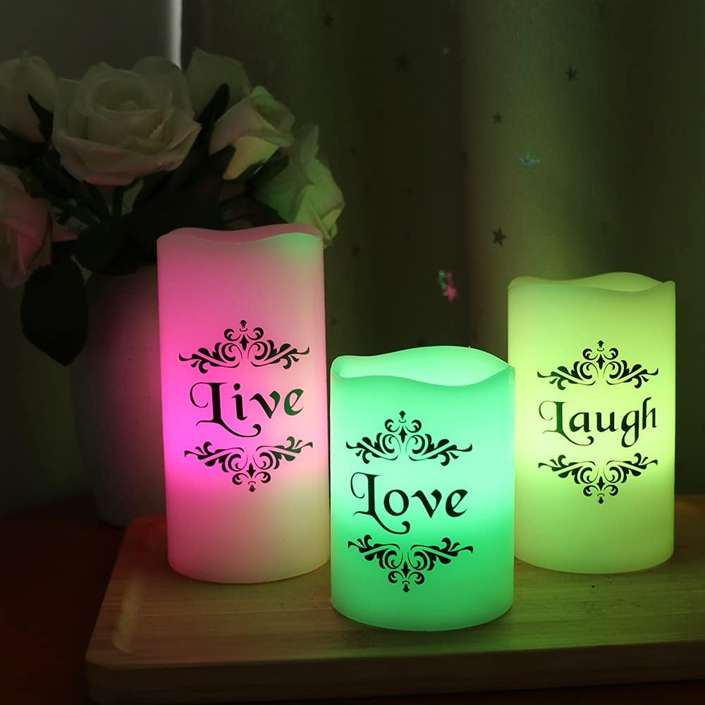 Color Changing LED Flameless Candles with 18-Key Remote and Timer, Live Love Laugh Decals Battery Operated LED Flickering Pillar Candles Dinner Wedding Decor 3 x 4, 5, 6