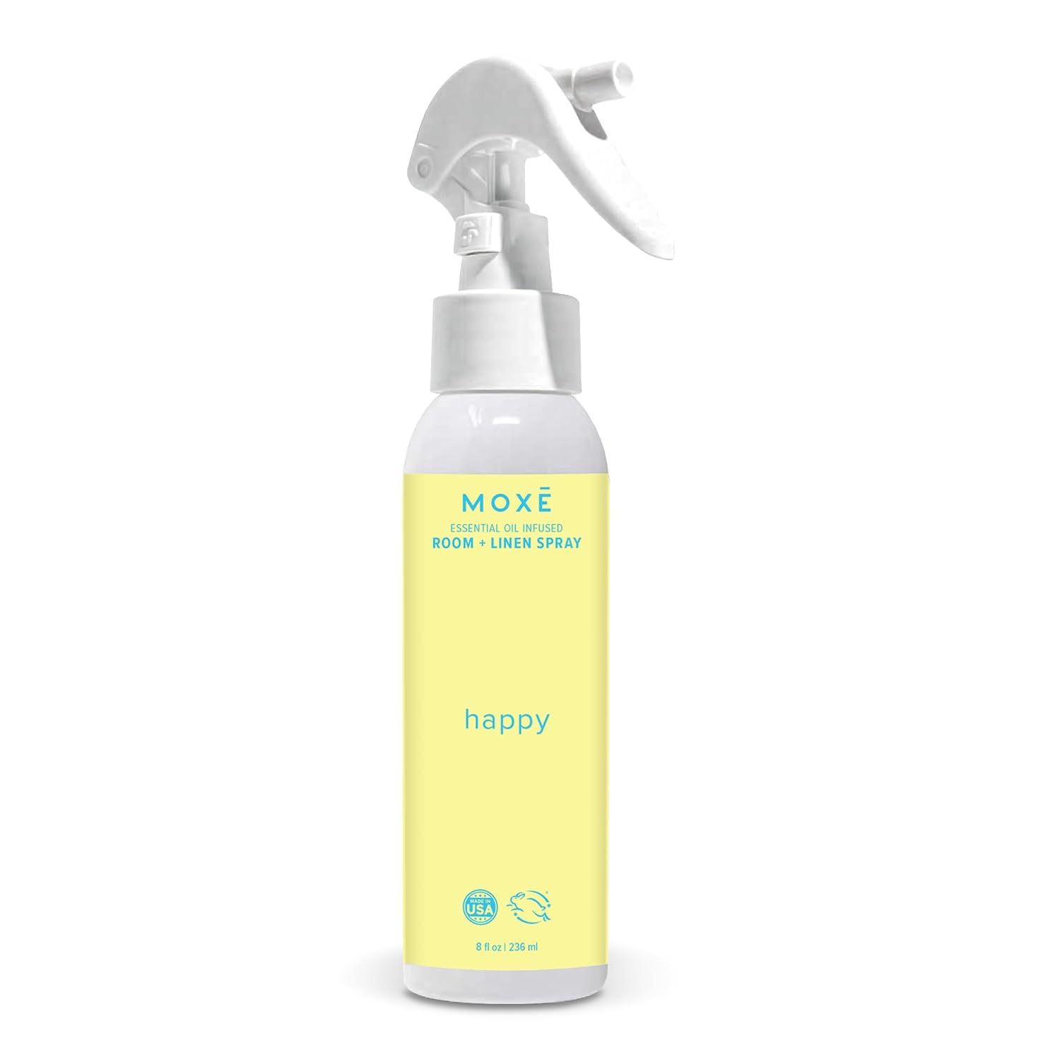 MOXĒ Happy Linen & Room Spray, Uplifting Essential Oils, Natural Aromatherapy Mist, Home & Bedroom, Office, Furniture, Bedding, Pillows, Sheets, Cinnamon, Sweet Fennel, Sage, Thyme, 8 Ounces (1 Pack)